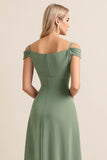 Eucalyptus A Line Off The Shoulder Long Bridesmaid Dress with Slit