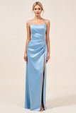 Dusty Blue Sheath Satin Spaghetti Straps Long Bridesmaid Dress with Slit