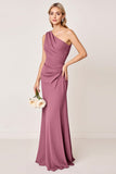 Vintage Mauve One Shoulder Sheath Ruched Long Bridesmaid Dress