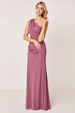 Vintage Mauve One Shoulder Sheath Ruched Long Bridesmaid Dress