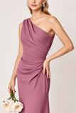 Vintage Mauve One Shoulder Sheath Ruched Long Bridesmaid Dress