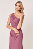 Vintage Mauve One Shoulder Sheath Ruched Long Bridesmaid Dress