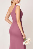 Vintage Mauve One Shoulder Sheath Ruched Long Bridesmaid Dress