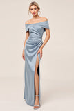 Dusty Blue Sheath Ruched Off The Shoulder Bridesmaid Dress with Slit