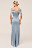 Dusty Blue Sheath Ruched Off The Shoulder Bridesmaid Dress with Slit
