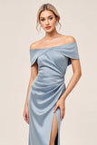 Dusty Blue Sheath Ruched Off The Shoulder Bridesmaid Dress with Slit