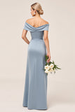 Dusty Blue Sheath Ruched Off The Shoulder Bridesmaid Dress with Slit