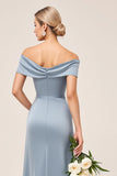 Dusty Blue Sheath Ruched Off The Shoulder Bridesmaid Dress with Slit