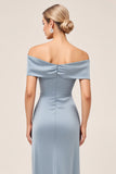 Dusty Blue Sheath Ruched Off The Shoulder Bridesmaid Dress with Slit