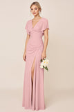 Candy Pink Sheath V Neck Long Bridesmaid Dress with Slit