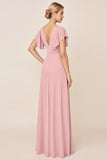 Candy Pink Sheath V Neck Long Bridesmaid Dress with Slit
