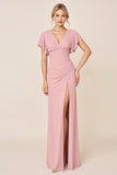 Candy Pink Sheath V Neck Long Bridesmaid Dress with Slit