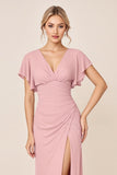 Candy Pink Sheath V Neck Long Bridesmaid Dress with Slit
