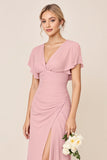 Candy Pink Sheath V Neck Long Bridesmaid Dress with Slit