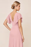 Candy Pink Sheath V Neck Long Bridesmaid Dress with Slit