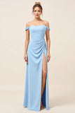 Sky Blue Sheath Off The Shoulder Bridesmaid Dress with Slit