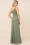 One Shoulder Sheath Eucalyptus Bridesmaid Dress with Slit