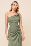 One Shoulder Sheath Eucalyptus Bridesmaid Dress with Slit