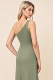 One Shoulder Sheath Eucalyptus Bridesmaid Dress with Slit