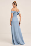 Dusty Blue Off The Shoulder A Line Ruched Long Bridesmaid Dress