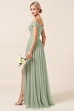 Matcha A Line Off The Shoulder Long Bridesmaid Dress with Slit