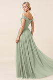 Matcha A Line Off The Shoulder Long Bridesmaid Dress with Slit