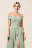 Matcha A Line Off The Shoulder Long Bridesmaid Dress with Slit