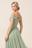 Matcha A Line Off The Shoulder Long Bridesmaid Dress with Slit