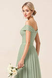 Matcha A Line Off The Shoulder Long Bridesmaid Dress with Slit