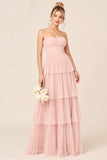 Blush Pink A Line Strapless Tiered Chiffon Long Bridesmaid Dress
