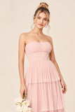 Blush Pink A Line Strapless Tiered Chiffon Long Bridesmaid Dress
