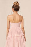 Blush Pink A Line Strapless Tiered Chiffon Long Bridesmaid Dress