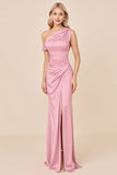 Blush Pink Mermaid One Shoulder Bridesmaid Dress with Slit