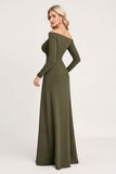 Off The Shoulder A Line Ruched Olive Bridesmaid Dress with Long Sleeves