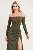 Off The Shoulder A Line Ruched Olive Bridesmaid Dress with Long Sleeves