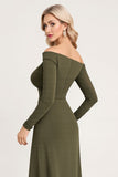 Off The Shoulder A Line Ruched Olive Bridesmaid Dress with Long Sleeves