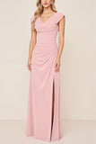 Cowl Neck Candy Pink A Line Long Bridesmaid Dress with Slit