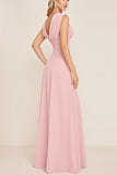Cowl Neck Candy Pink A Line Long Bridesmaid Dress with Slit