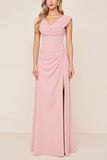 Cowl Neck Candy Pink A Line Long Bridesmaid Dress with Slit