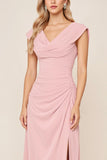 Cowl Neck Candy Pink A Line Long Bridesmaid Dress with Slit