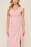 Cowl Neck Candy Pink A Line Long Bridesmaid Dress with Slit
