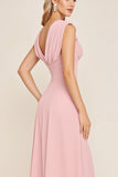 Cowl Neck Candy Pink A Line Long Bridesmaid Dress with Slit