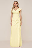 Cowl Neck Candy Pink A Line Long Bridesmaid Dress with Slit