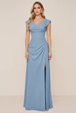 Cowl Neck Candy Pink A Line Long Bridesmaid Dress with Slit