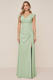 Cowl Neck Candy Pink A Line Long Bridesmaid Dress with Slit