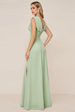 Cowl Neck Candy Pink A Line Long Bridesmaid Dress with Slit