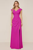 Cowl Neck Candy Pink A Line Long Bridesmaid Dress with Slit