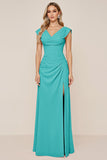 Cowl Neck Candy Pink A Line Long Bridesmaid Dress with Slit