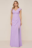 Cowl Neck Candy Pink A Line Long Bridesmaid Dress with Slit