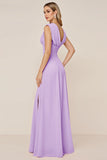 Cowl Neck Candy Pink A Line Long Bridesmaid Dress with Slit